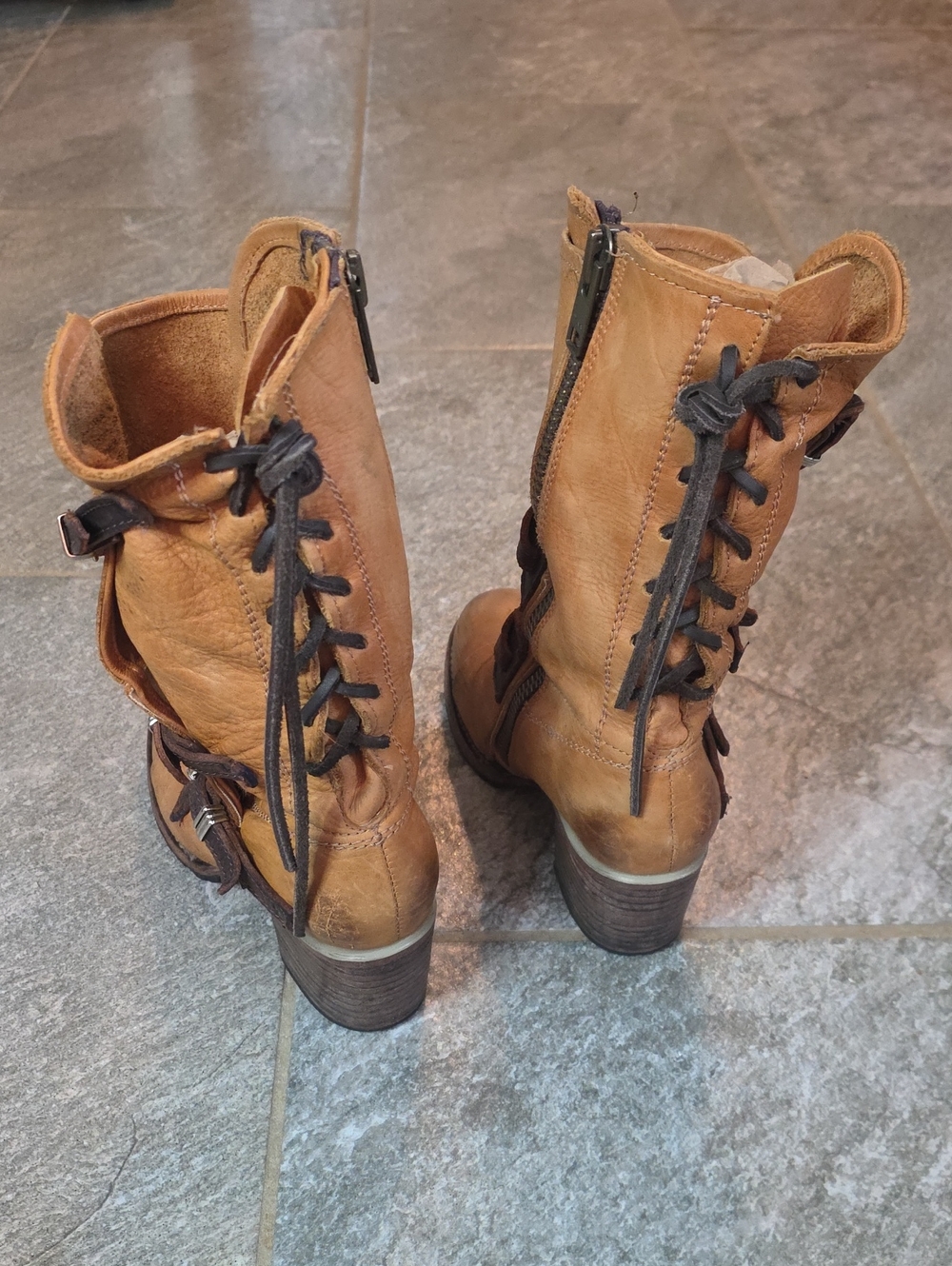 Freebird Cora Tan Leather Buckle Boots - Brown Strap Detail Size 8 - Picture 3 of 15
